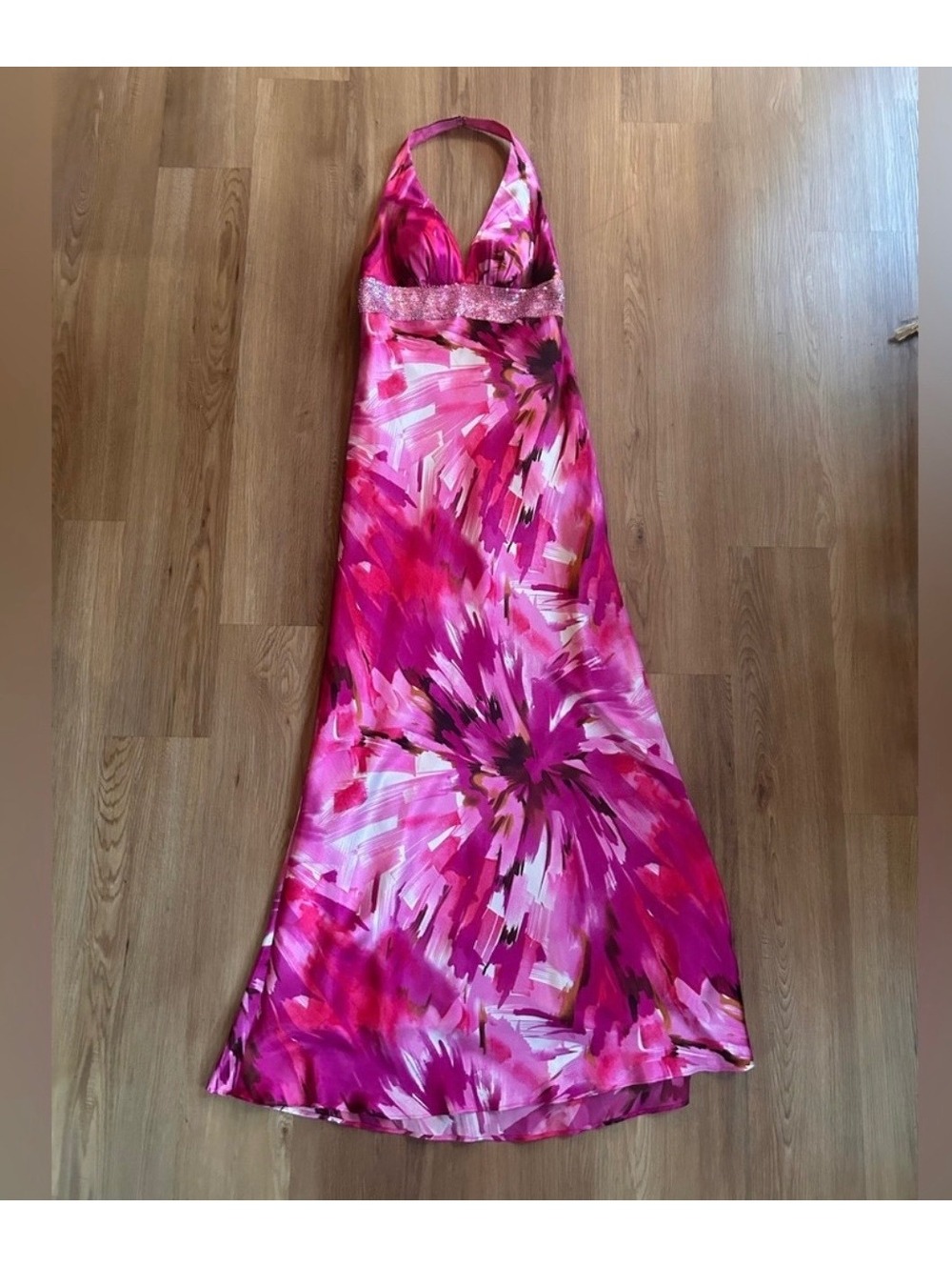 Morgan & Co Pink Floral Maxi Dress 5/6 Y2K Halter Sequin Formal Prom Gown